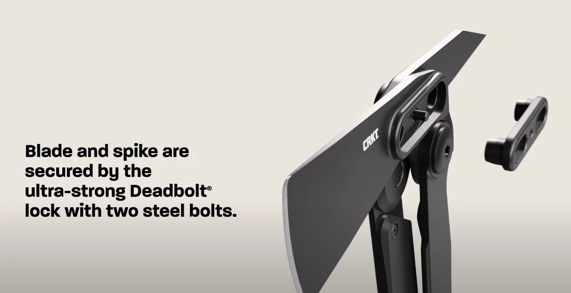 A dual-bolt mechanism locks the blade and spike in place
