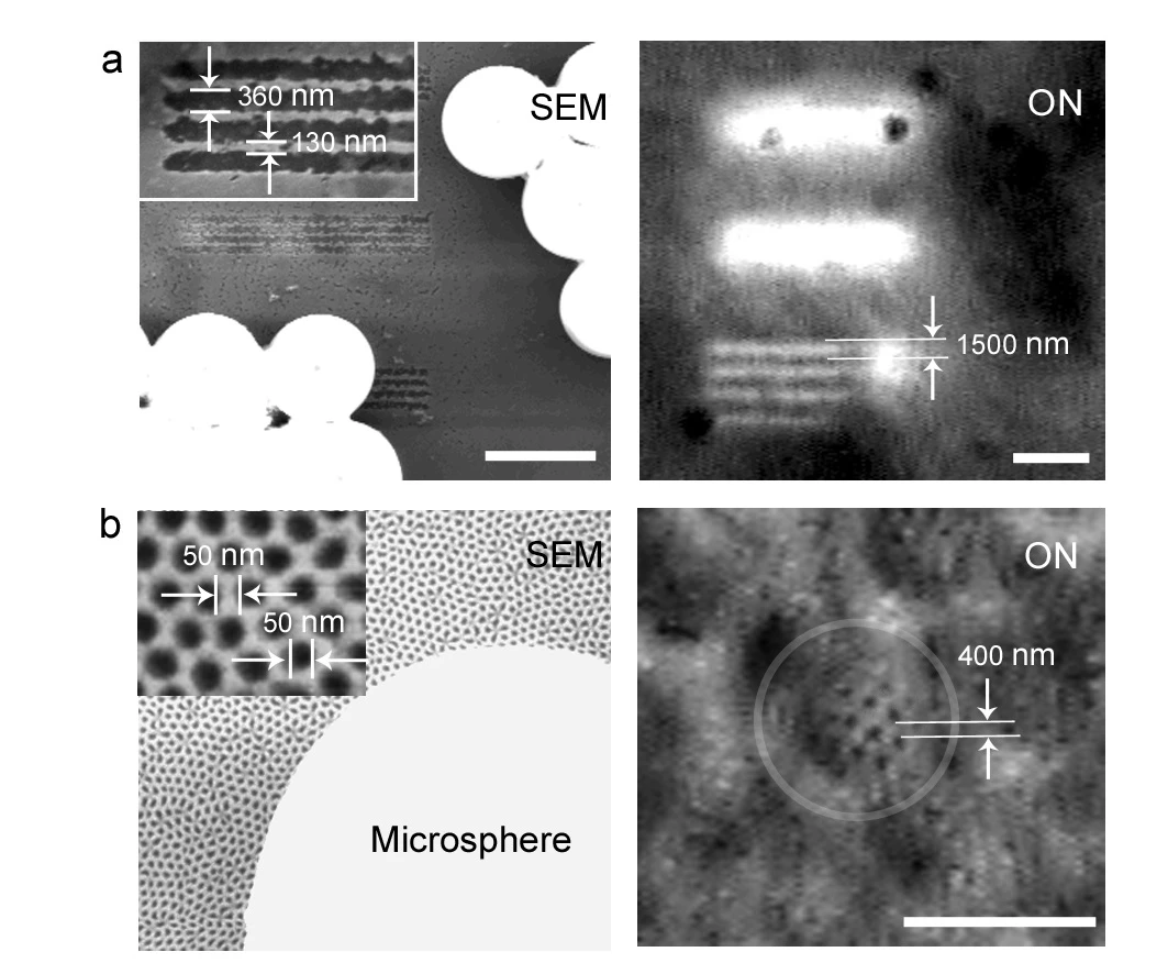 a) Microsphere superlens imaging of 360-nm-wide lines spaced 130 nm apart, and b) a gold-coated fishnet anodic alÂµminiÂµm oxide (AAO) sample imaged with microspheres (Image: University of Manchester)