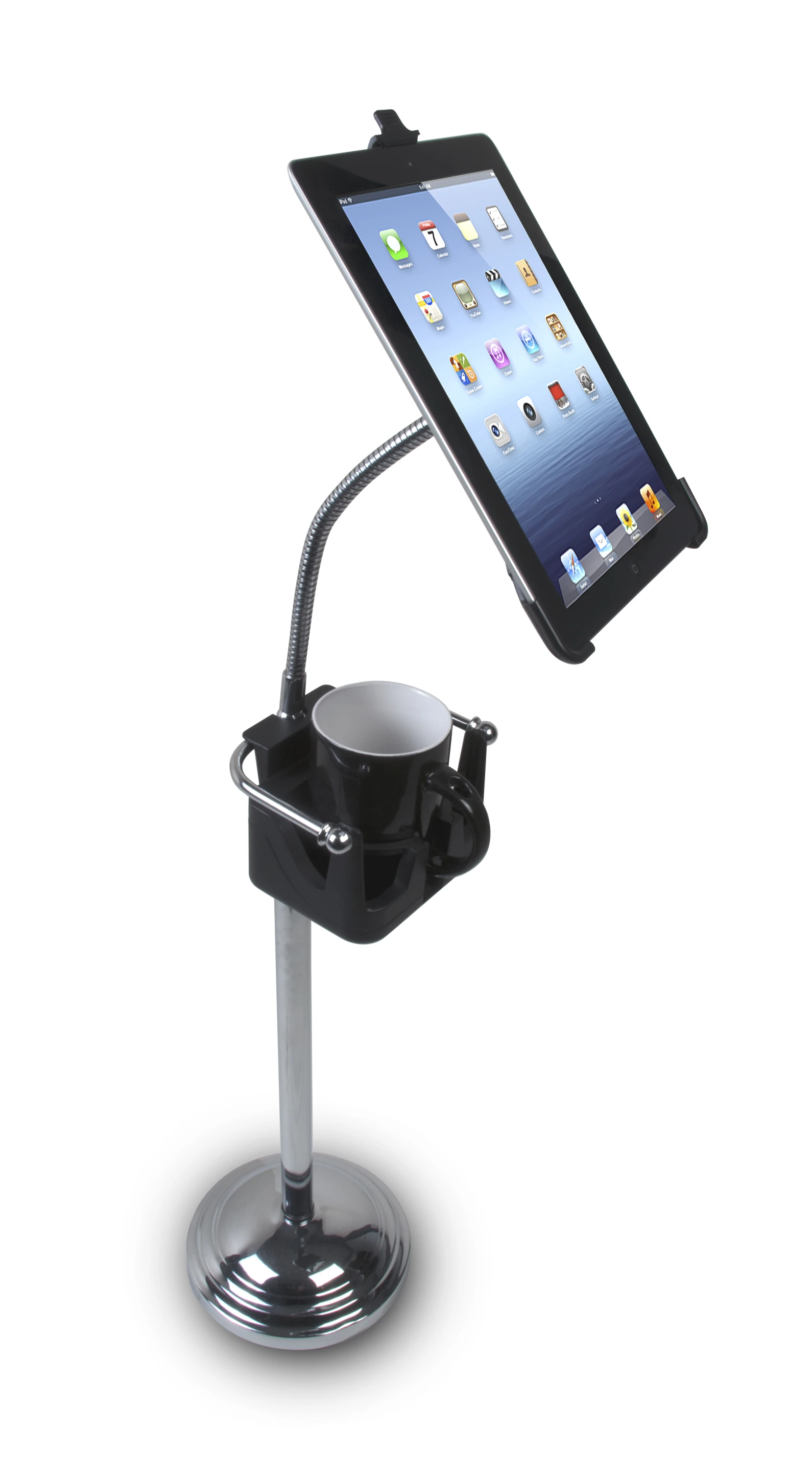 A variation of the Pedestal Stand for iPad, with a cup holder replacing the toilet roll holder