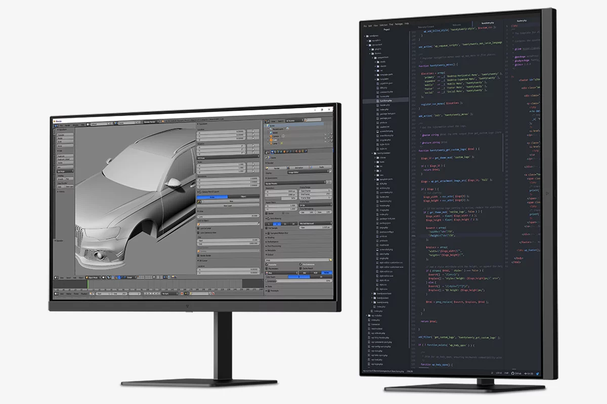 The Eve Spectrum stand can display the monitor in landscape or portrait orientation