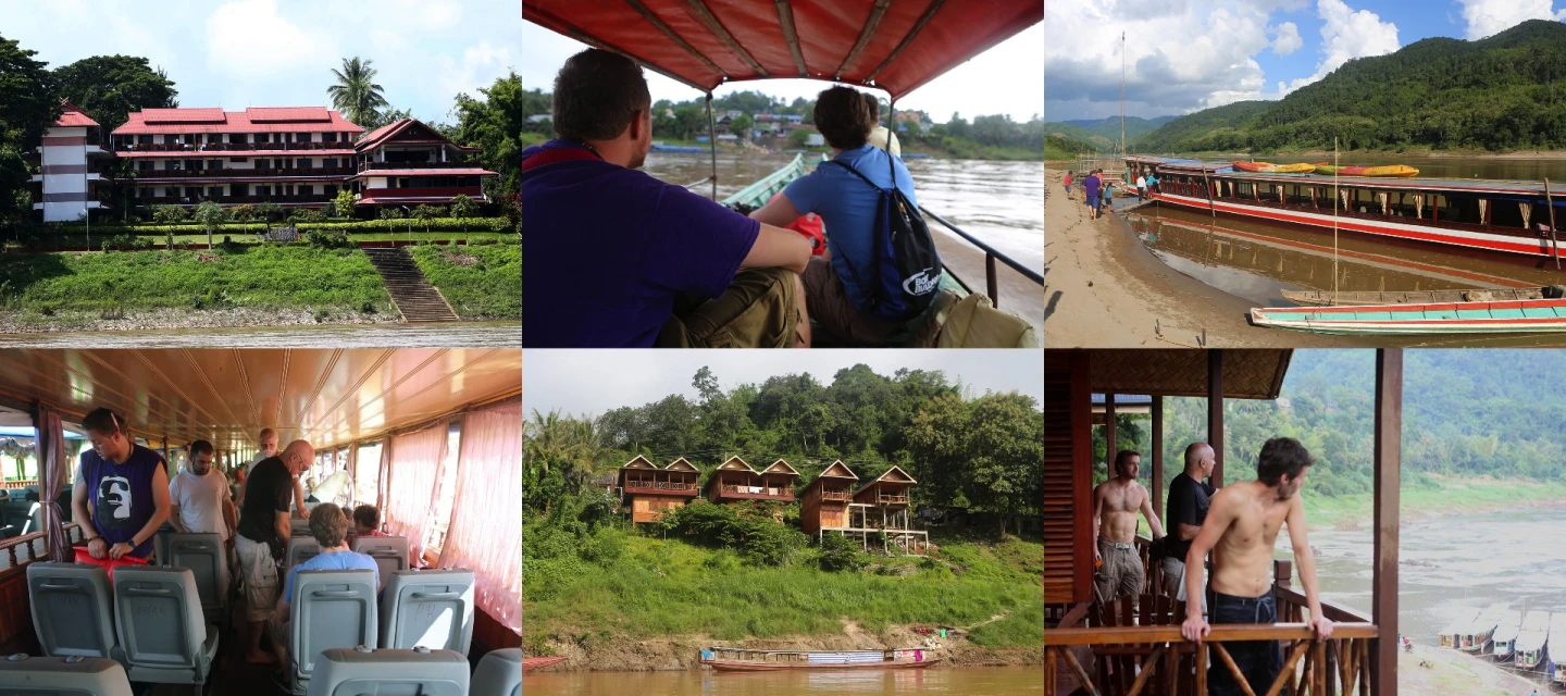 From top left, by row: Our accommodation in Chiang Khong, crossing the Mekong from Chiang Khong to Huay Xay by long tail boat,, the “slow boat” that took us to Pak Beng, inside the “slow boat”, our accommodation at Pak Beng, then Charlie, Geoff and Nick on the balcony at Pak Beng.