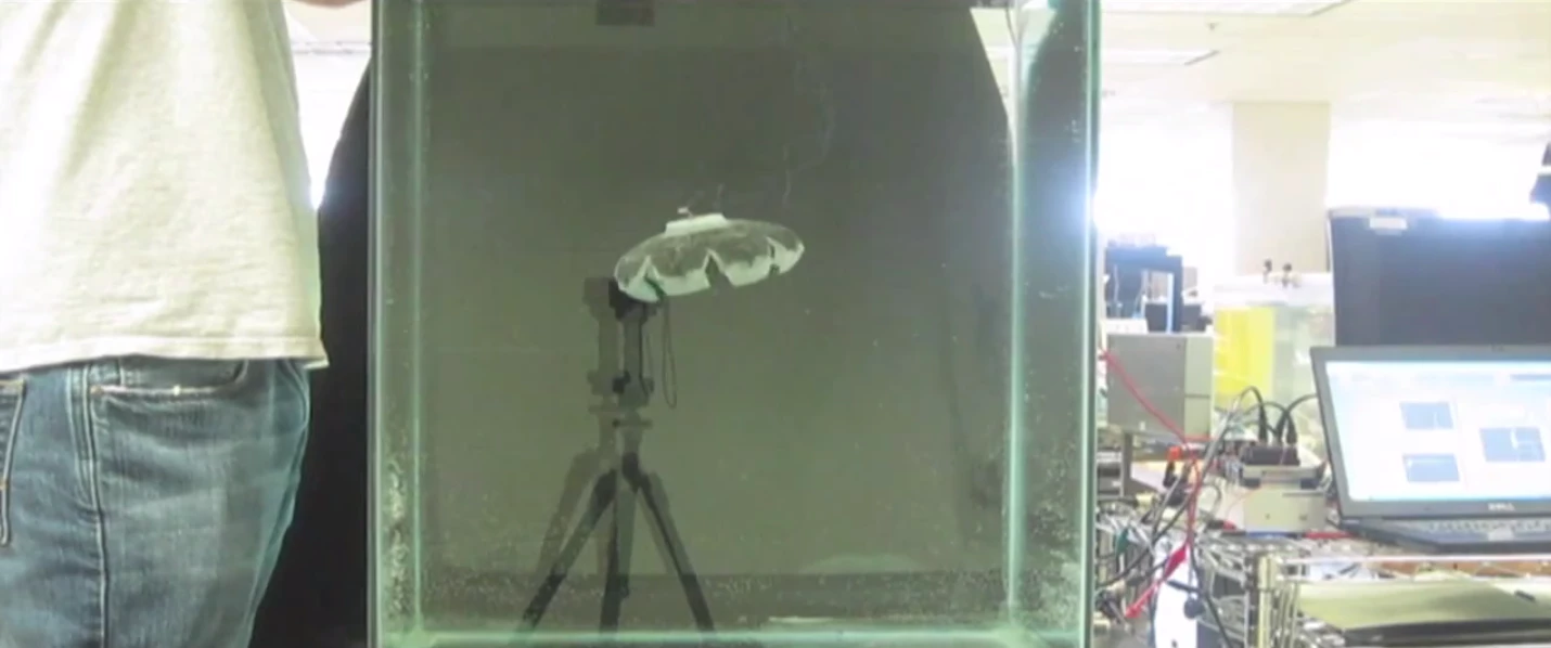 Researchers have created a robot that mimics the motion of a jellyfish and draws energy from the water in which it swims