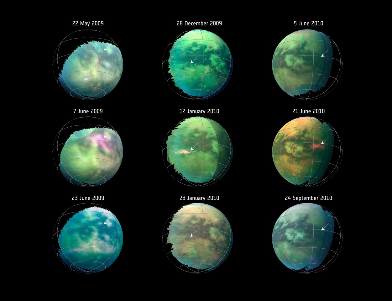 This compilation of images from nine Cassini flybys of Titan in 2009 and 2010 captures three instances when clear bright spots suddenly appeared in images taken by the spacecraft’s Visual and Infrared Mapping Spectrometer