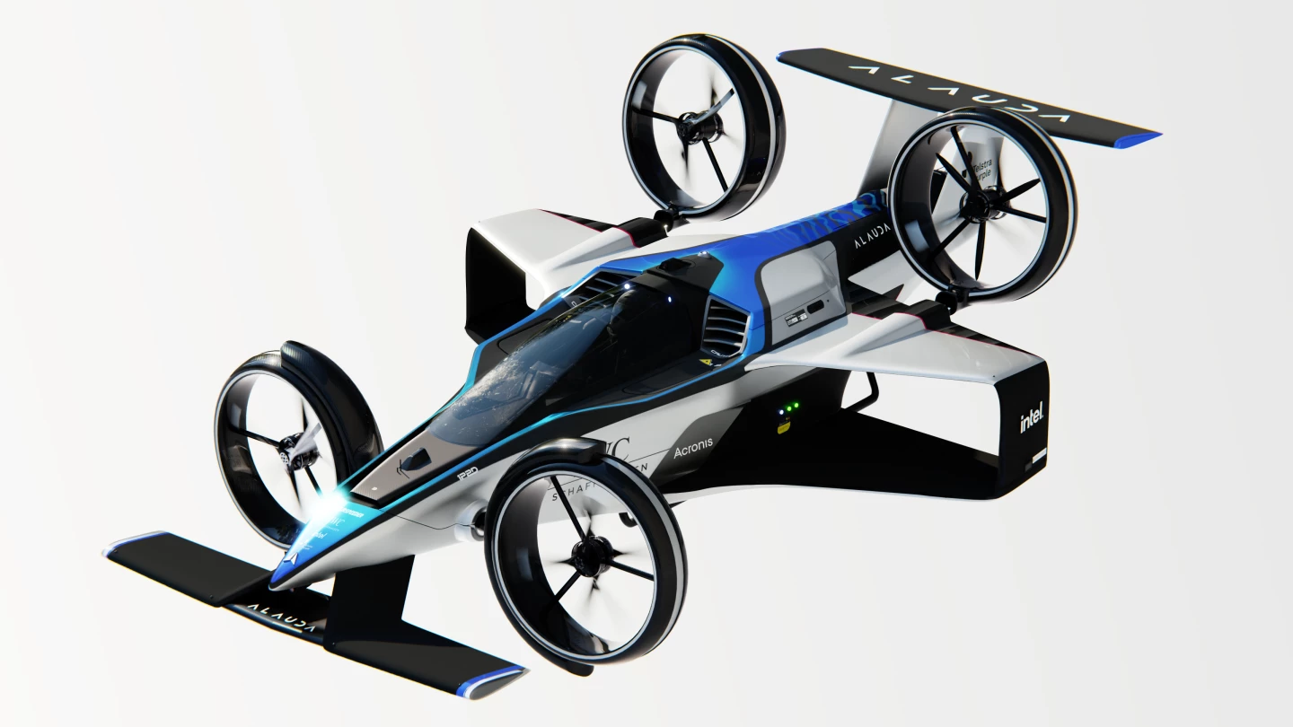 The Airspeeder Mk4's four pairs of shielded rotors are mounted to 3D-printed gimbals, which are adjusted for take-off and forward flight by an AI flight controller