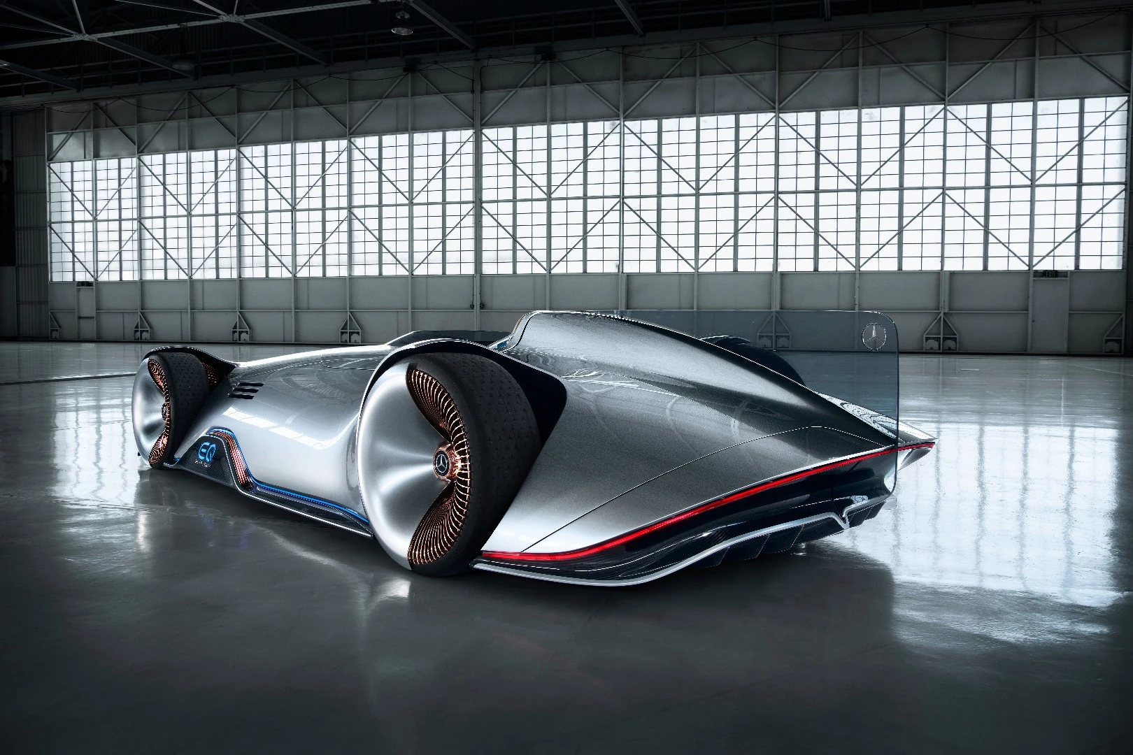 Each wheel of the Vision EQ Silver Arrow concept contains 168 lightweight aluminum spokes painted in rose gold