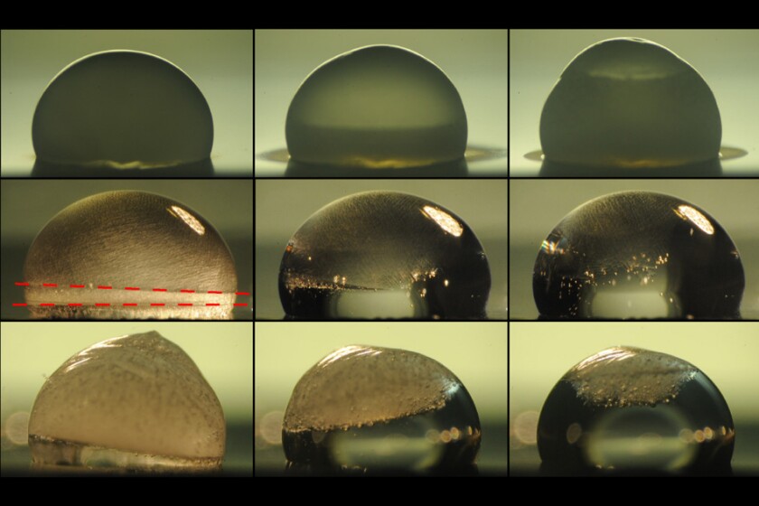Images of a droplet on a surface show the process of freezing (top row). The next two rows show the droplet thawing out on a surface coated with the new layered material. In the middle row, the droplet is heated by the coating immediately upon freezing, and the dashed lines show where the freezing at top is just catching up with the thawing from below. The bottom row shows a slower thawing process