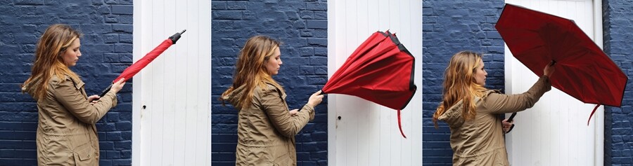 The Kazbrella opens in an up-and-over motion rather than an out-and-up motion
