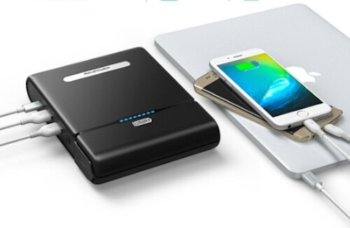 The RAVPower Travel Charger is for those who need to power a studio's worth of devices on the go, with a 27,000 mAh battery charging through two USB ports, a USB Type-C and an AC outlet
