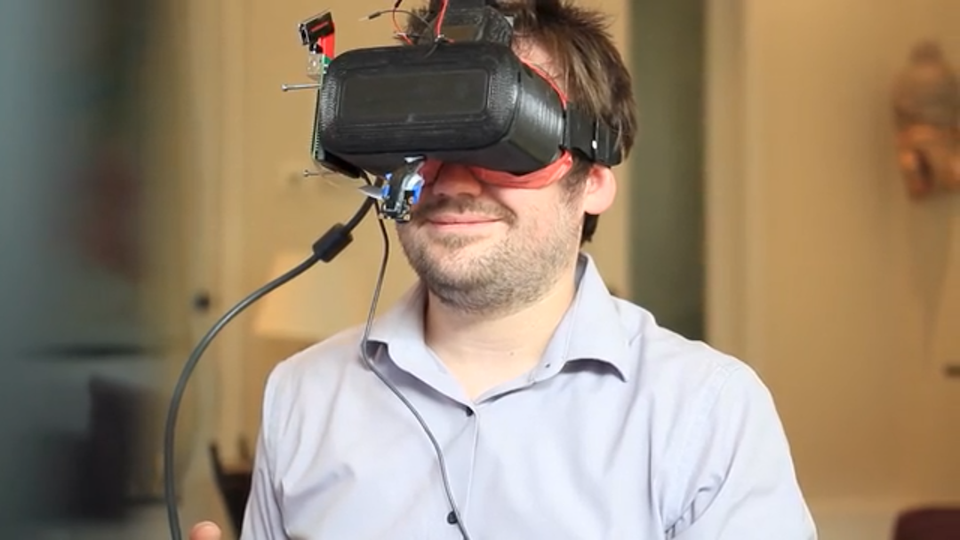 The facial tracking works through two infrared cameras inside the headset: one between the eyes, tracking eyebrows, pupils and how open or closed the eyelids are, and the second hanging off the bottom, taking in the jaw, lips and mouth