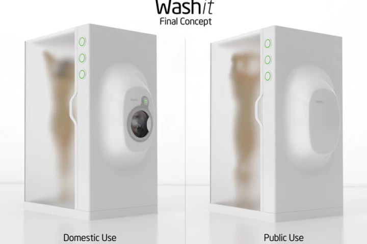 The final concept art for Washit - a combined shower and washing machine - shows both domestic and public use