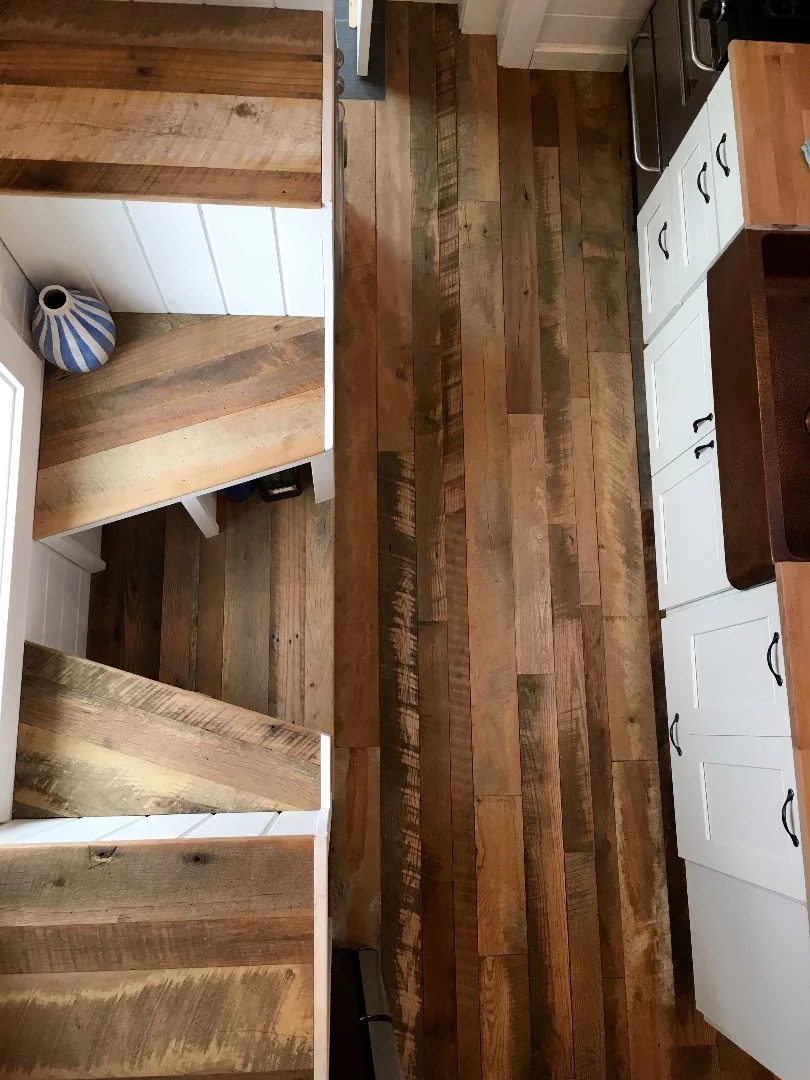Top-down view of the storage staircase in the Rocky Mountain Tiny Home