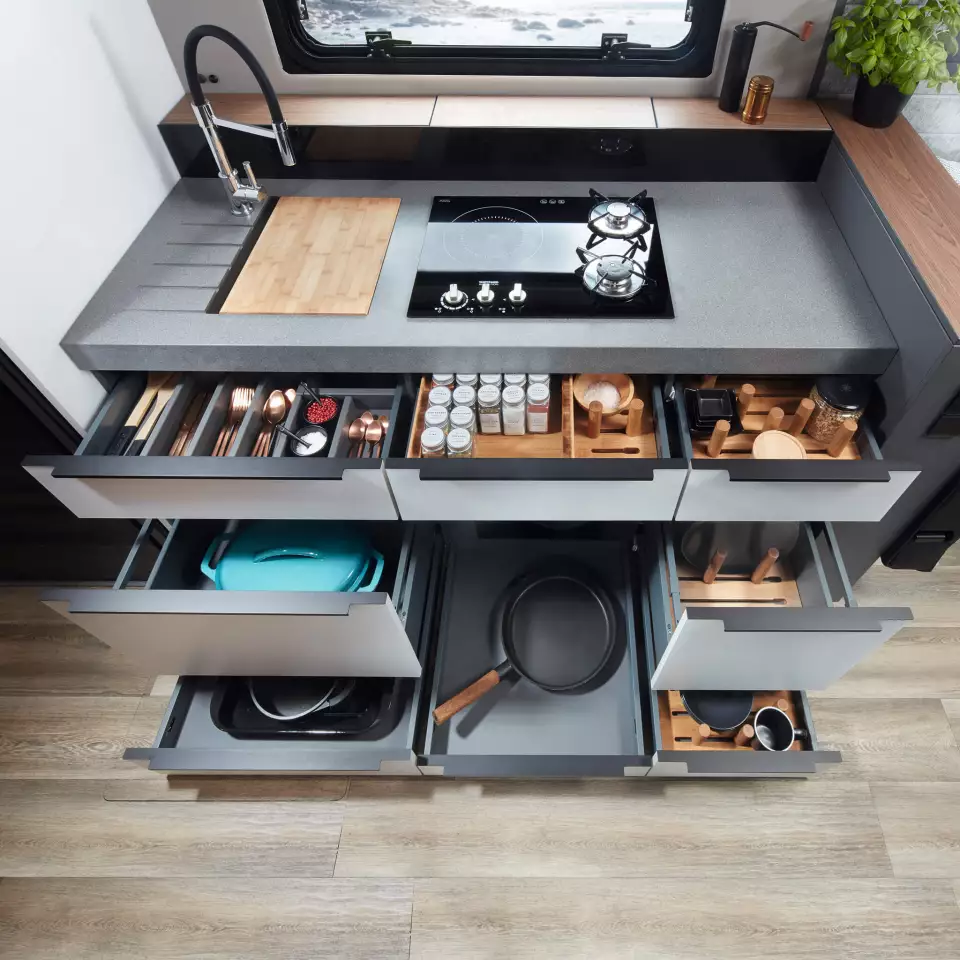 Niesmann offers plenty of drawer space, along with appliance options