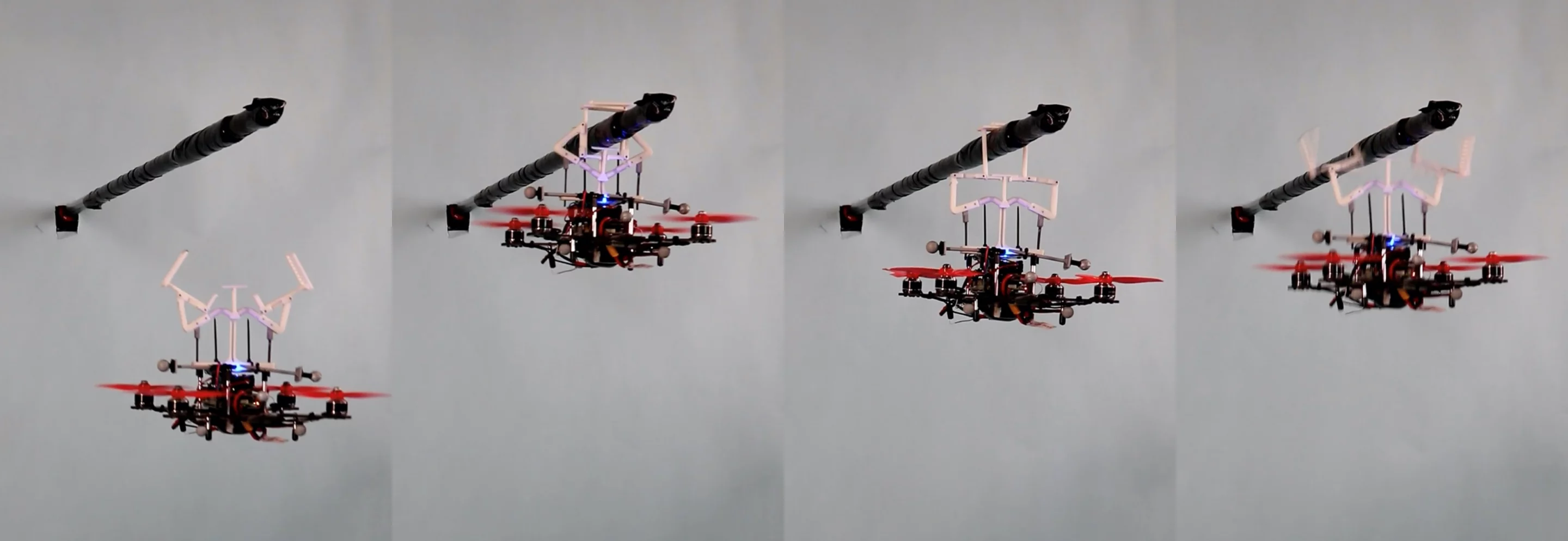 A quadcopter uses the MIP to hang from a horizontal rod