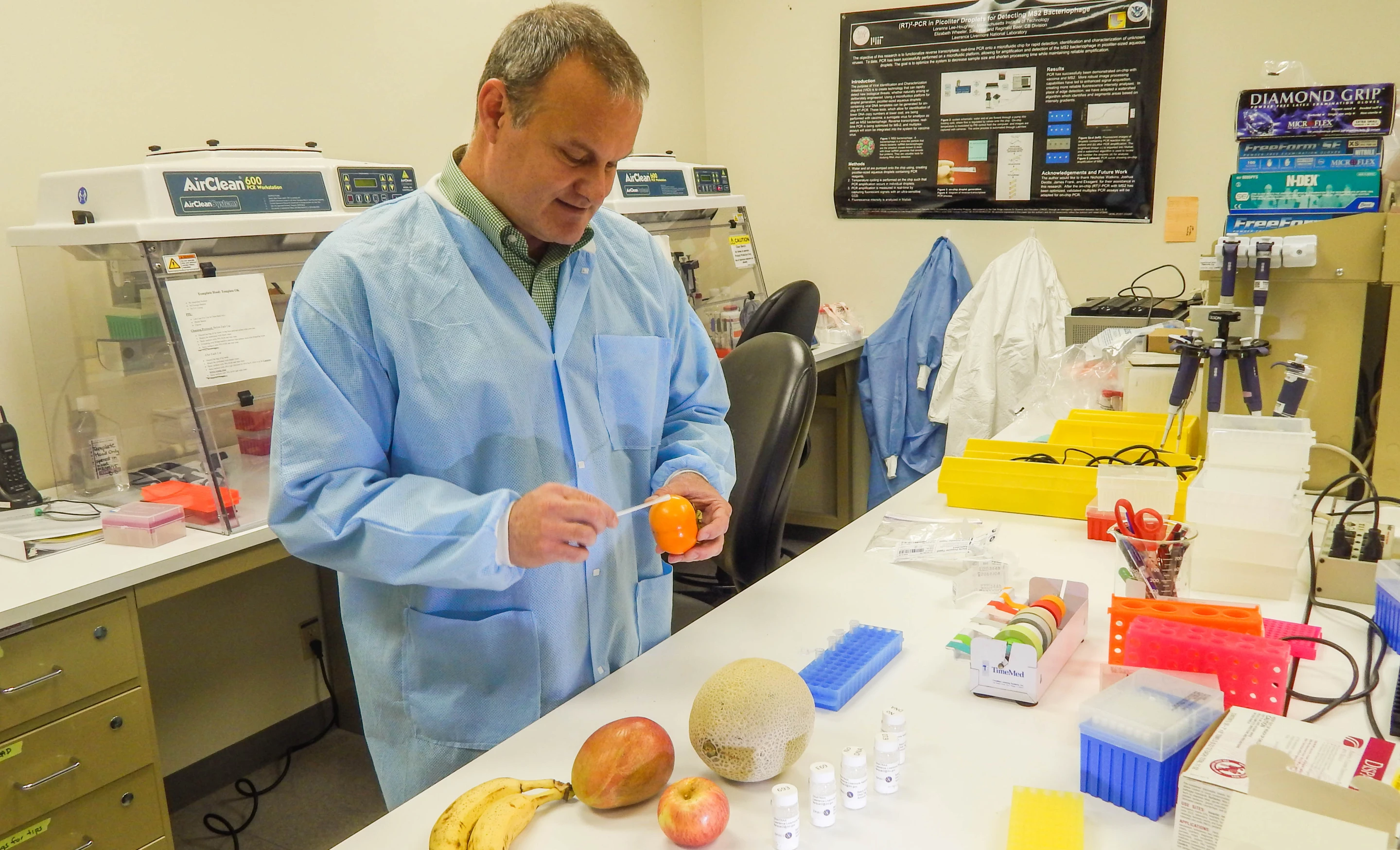LLNL physical chemist George Farquar, who led the team that invented DNATrax, demonstrates how the product can be applied to food.