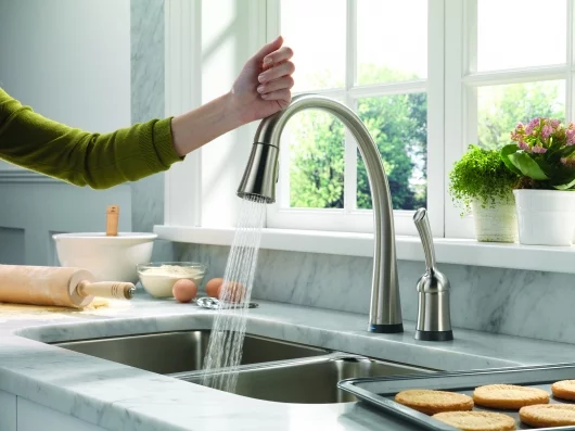 Delta's Pilar kitchen faucet is controlled by a touch anywhere on the faucet or handle