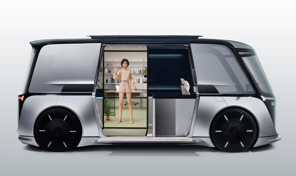 As passengers enter the Ominpod, they're greeted by a digital assistant called Reah which appears on a floor-to-ceiling display opposite the door