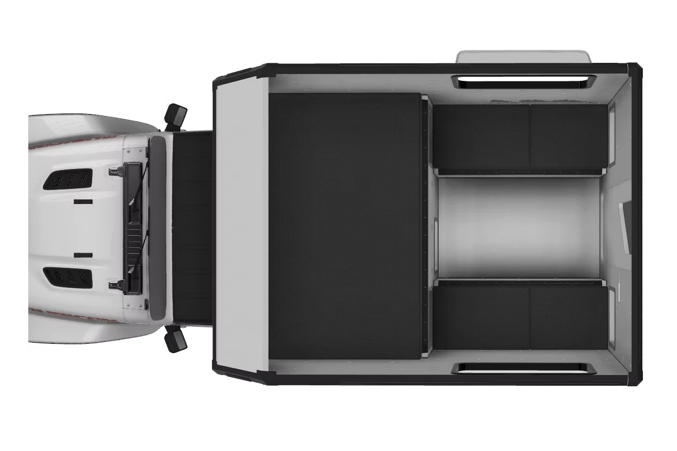 The most basic floor plan includes two side benches with cushions, a double over-cab bed, windows, a door and interior lighting