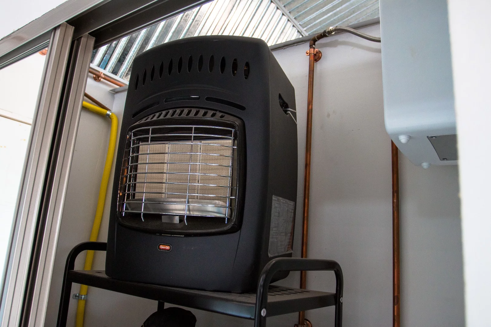 As hot as the summers in the desert can be, it can also get extremely cold during winter. When Chris needs extra heat or just heat in a specific area, he has a portable Dyna-Glo 18,000 BTU Cabinet Heate.