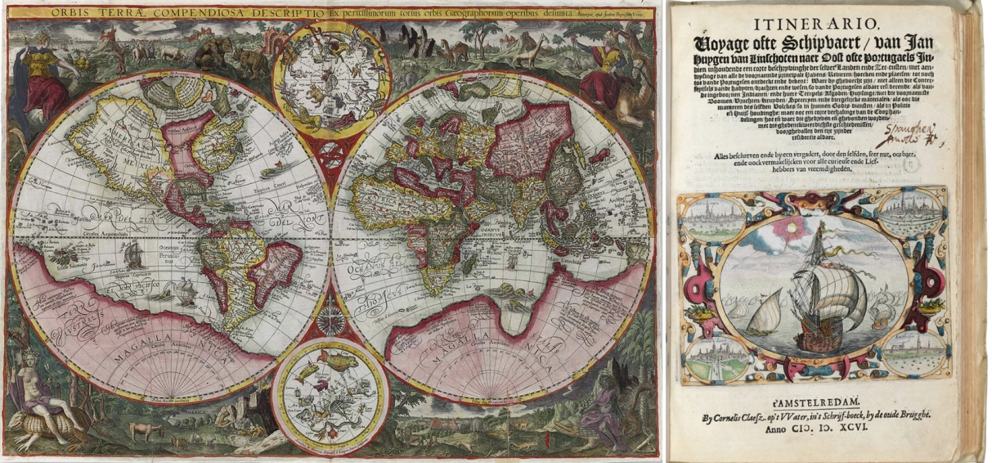 Itinerario Voyage ofte Schipvaert naer Oost ofte Portugaels Indien by Jan Huygen van Linschoten must have seemed like a treasure map to many when it was first published, as it contained all the information needed for the French, British and Dutch to break the Portuguese monopoly on trade in the East and West Indies. Jan Huyghen van Linschoten (1563 – 1611) was a Dutch trader who travelled extensively throughout these regions, and who was appointed as secretary to the Portuguese Viceroy in Goa between 1583 and 1588. Using the open access to the charts, archives, trading details and other closely held intellectual property of the Portugeuse Government which his position afforded him during this period, he copied it all and when he left the post, he wrote and published this book in 1596. The information contained within the published charts included the currents and depths, and other crucial navigational information which was used by the Dutch East India Company and British East India Company to break the 16th-century monopoly enjoyed by the Portuguese on trade with the East Indies. It sold for $247,500 at Christies in June 15, 2017