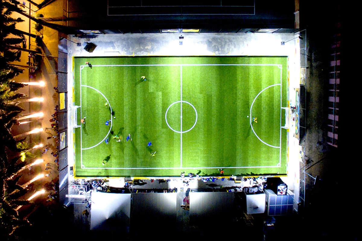 The kinetic energy generated by the Pavegen tiles is stored and combined with power generated by accompanying solar panels