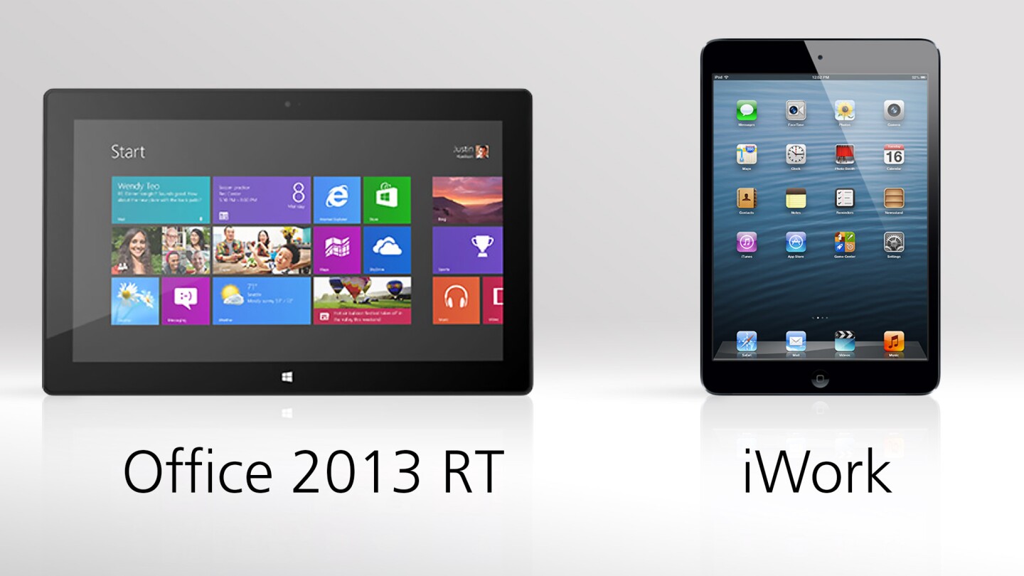 The Surface RT includes a scaled-back version of Microsoft Office, while Apple sells its iWork suite in the App Store