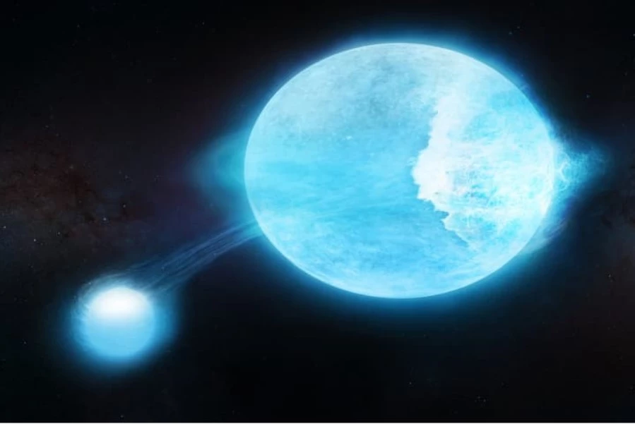 An artist's impression of MACHO 80.7443.1718, a binary system where a small star whips up gigantic tidal waves on its colossal companion