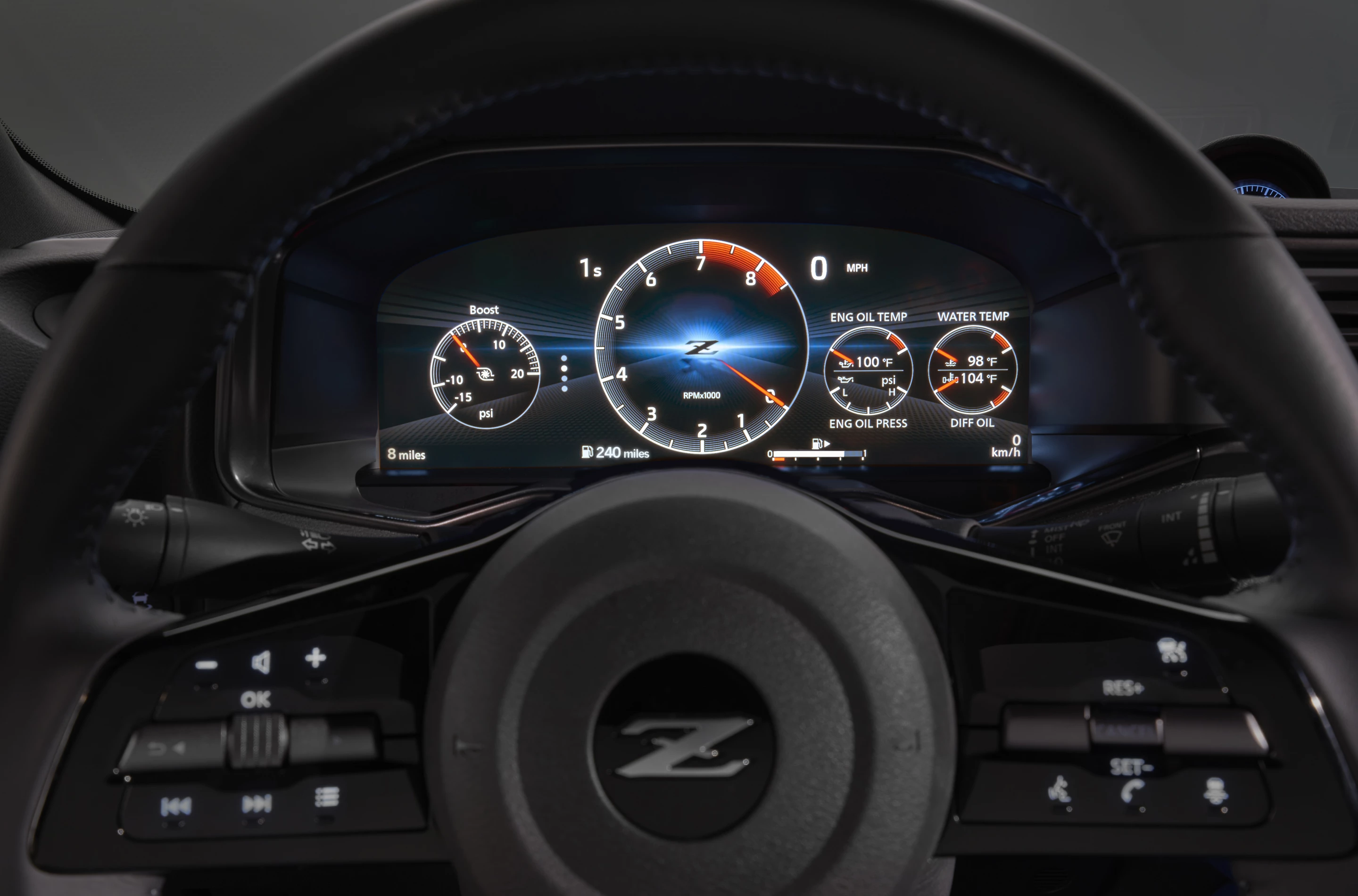 A new 12.3-inch digital display act as the instrument cluster in the 2023 Nissan Z and, in performance mode (shown), the tachometer takes center stage with its 12 o'clock point marking the redline