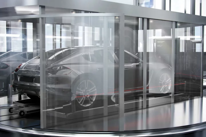 Glass elevators transport cars to the desired floor and park them in the apartment's "Sky Garage" (Image: Porsche Design)