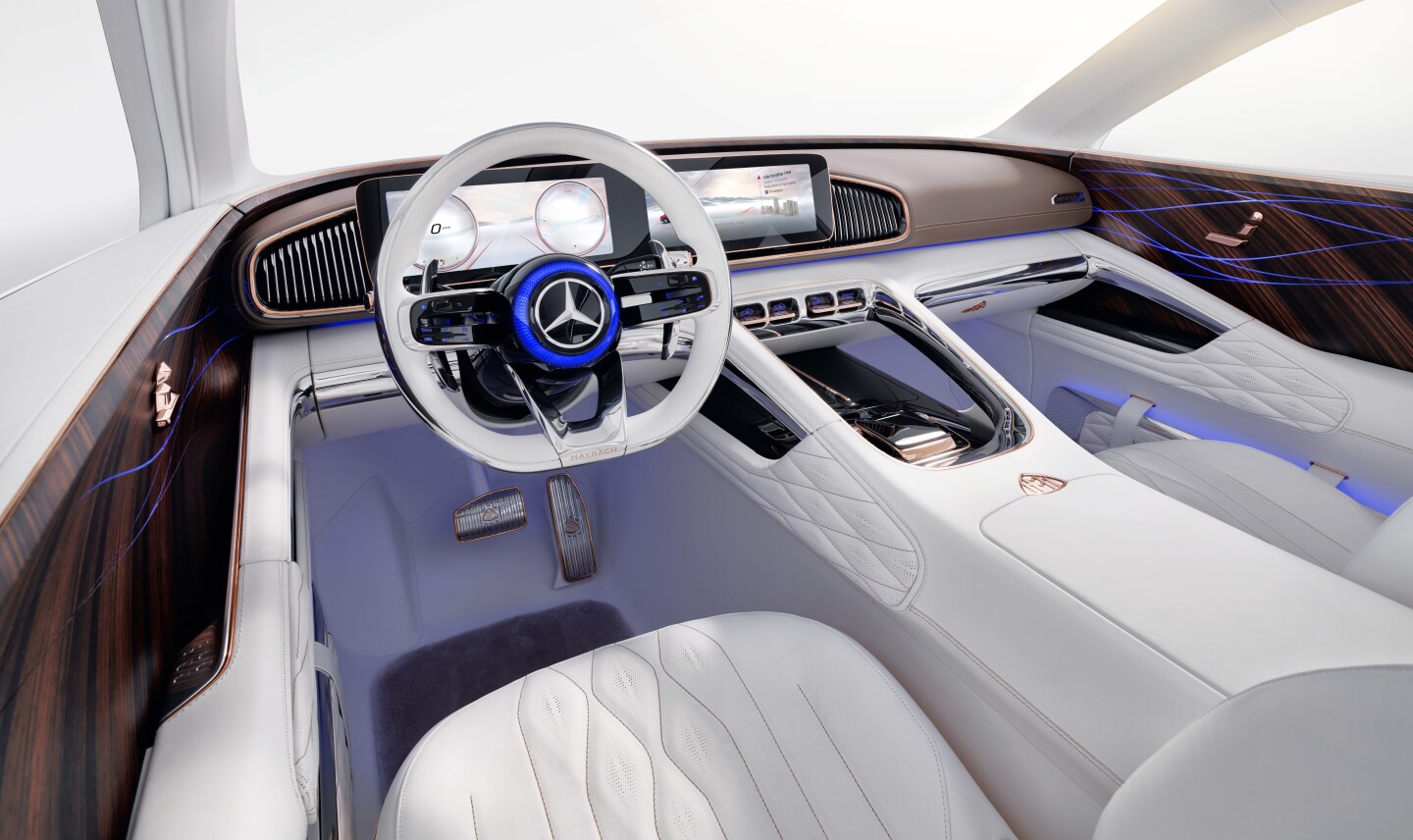 The Mercedes-Maybach Vision Ultimate Luxury's interior has flowing lines, a continuous edge from dash to door, and a somewhat odd, but still architecturally compelling open center console