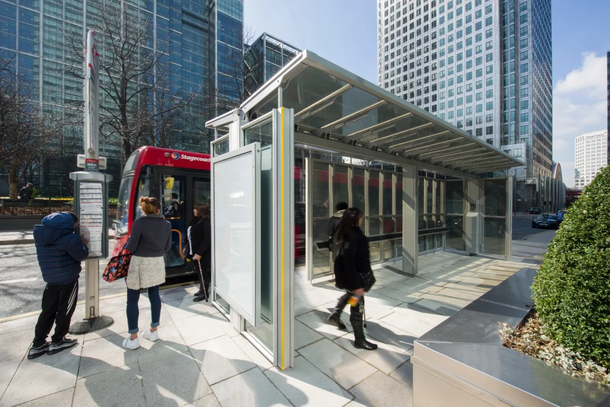 The new solar-powered bus shelter in the Canary Wharf business district