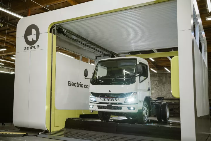 Where light-duty electric trucks could spend hours at the charge point, Ample's battery swap technology will shortly see the first converted eCanter trucks in Japan ready to roll out fully charged after just five minutes