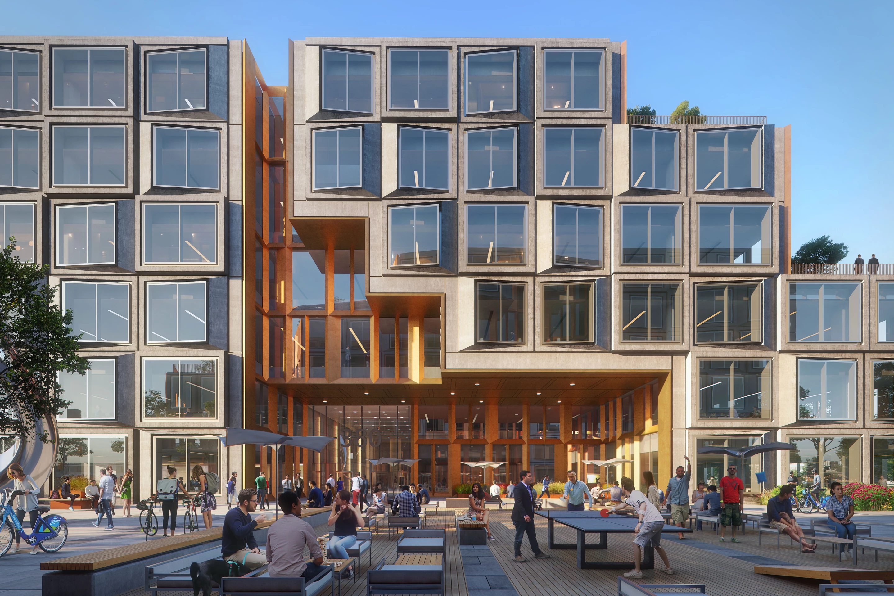 Platform 16 will feature a white and bronze exterior, with generous glazing that is shown installed at an angle in the renders