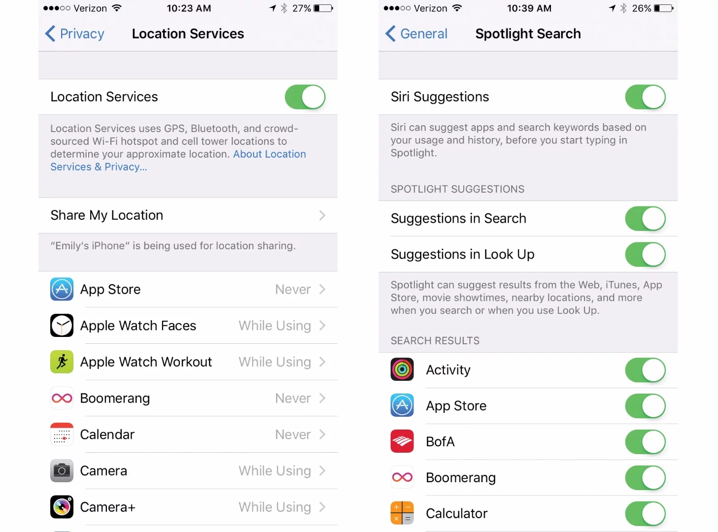 Settings > Privacy > Location Services; Settings > General > Spotlight Search