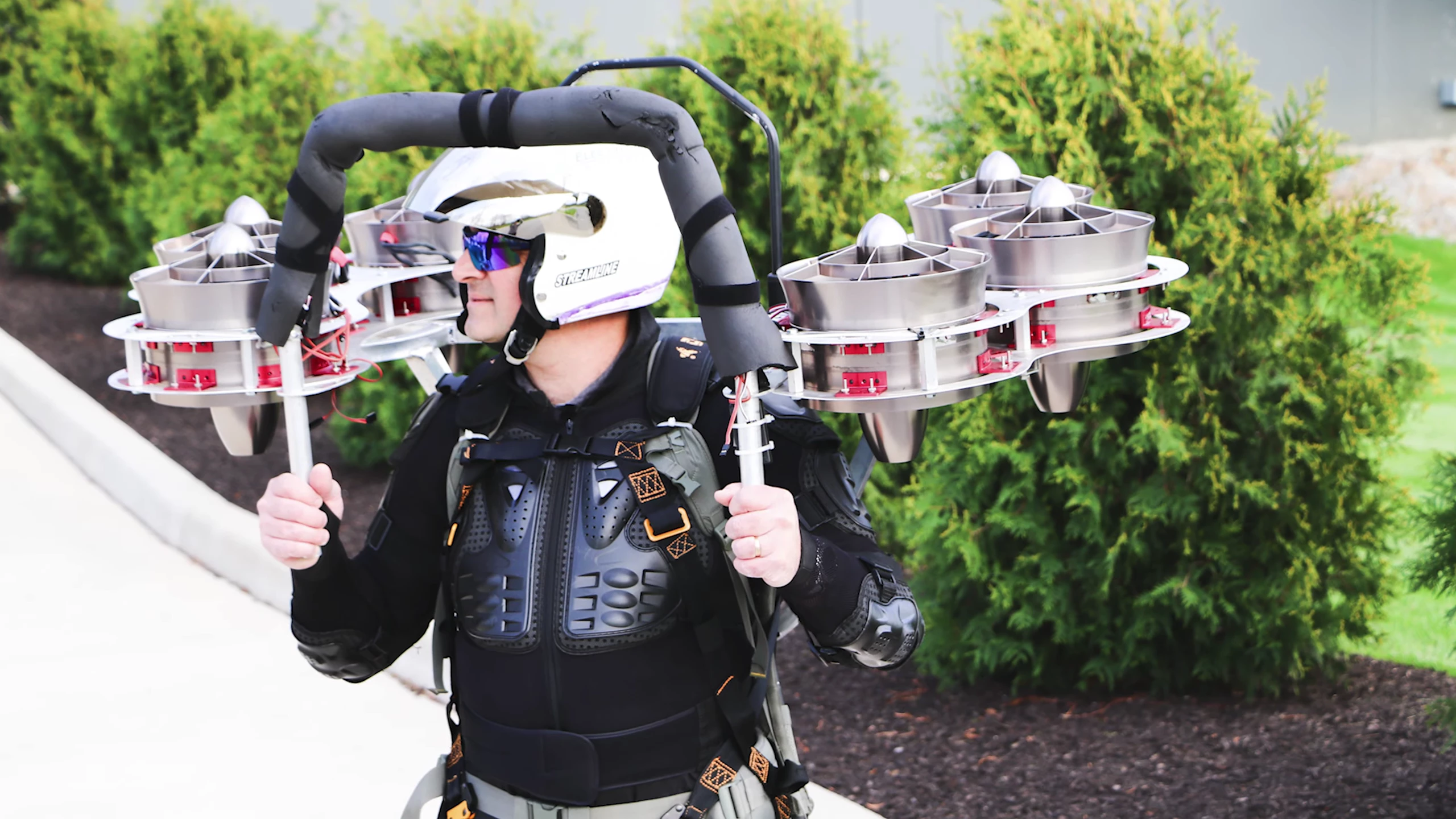 Pete Bitar wearing one of his electric jetpack designs