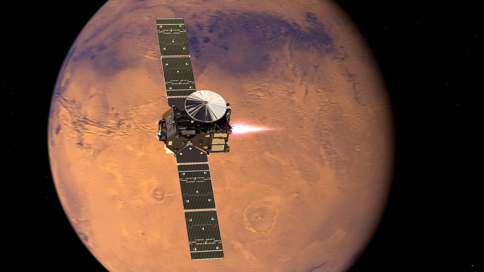 Artist's impression of the ExoMars 2016 Trace Gas Orbiter, with its thrusters firing, beginning its entry into Mars orbit on 19 October 2016