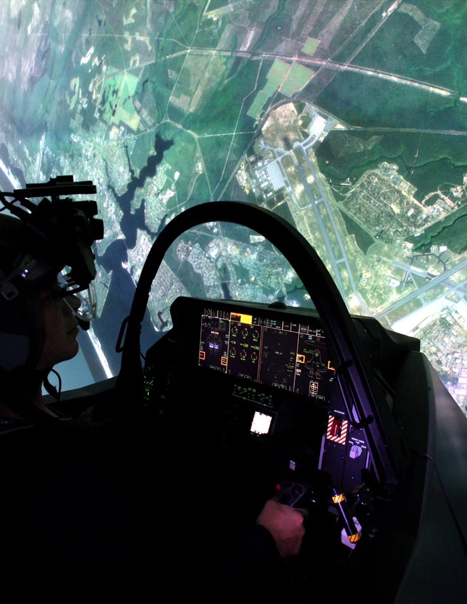 The F-35 Lightning II Full Mission Simulator includes a high-fidelity 360-degree visual display system and a reconfigurable cockpit