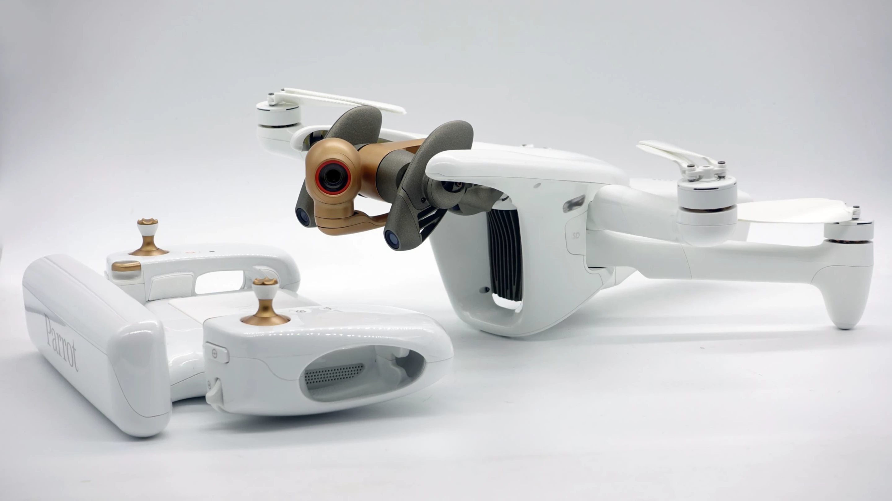 The Parrot ANAFI Ai and its included Skycontroller 4 remote – its swivelling "insect-inspired" stereoscopic obstacle-avoidance cameras are visible to either side of the main camera