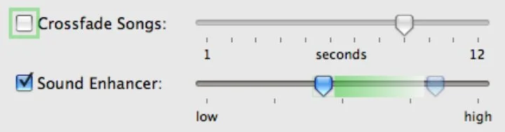 Prefab using the Phosphor tool to show a recently unchecked box and a manipulated slider in iTunes
