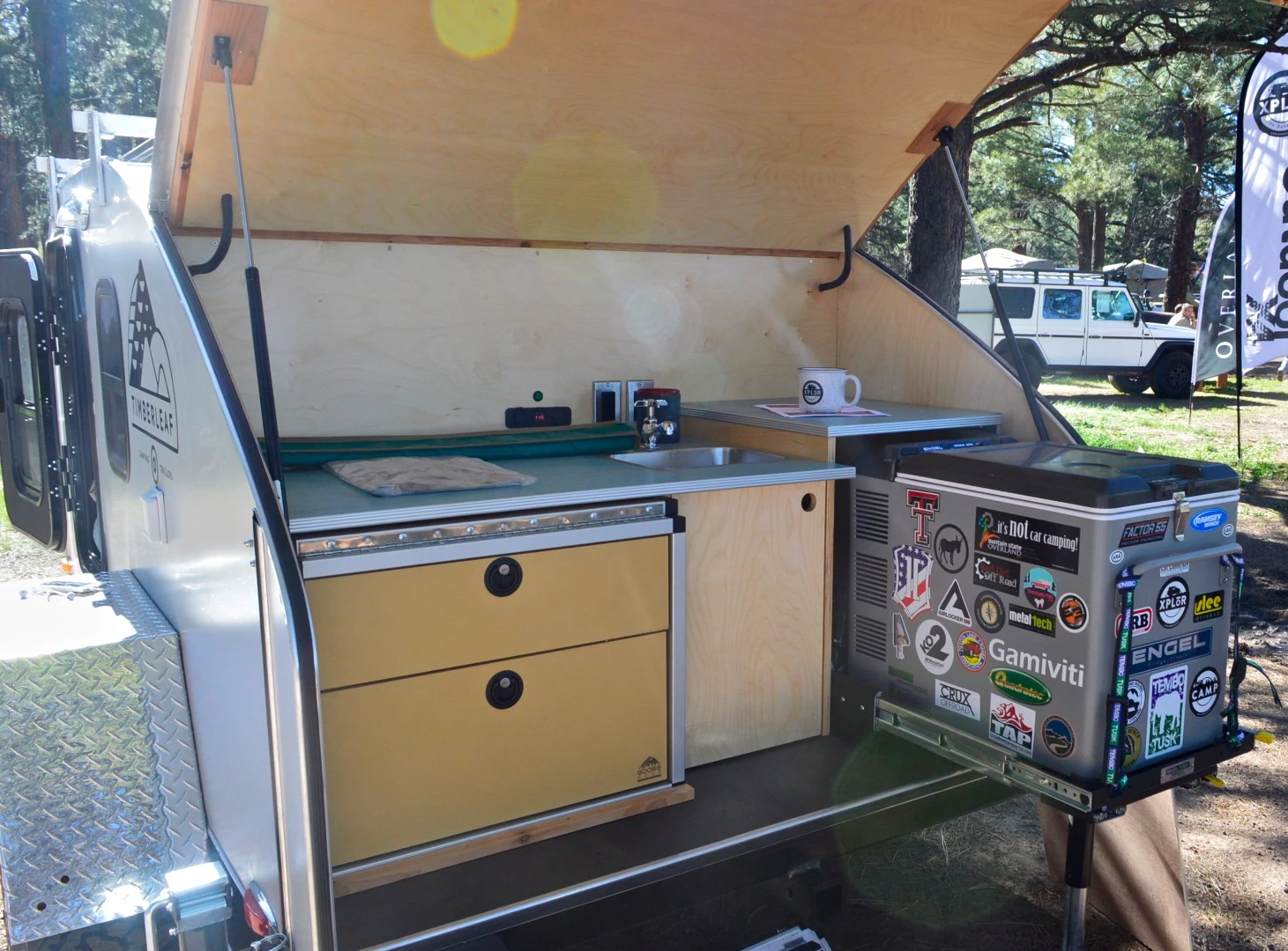 This Timberleaf trailer has a refrigerator instead of the wood cooler