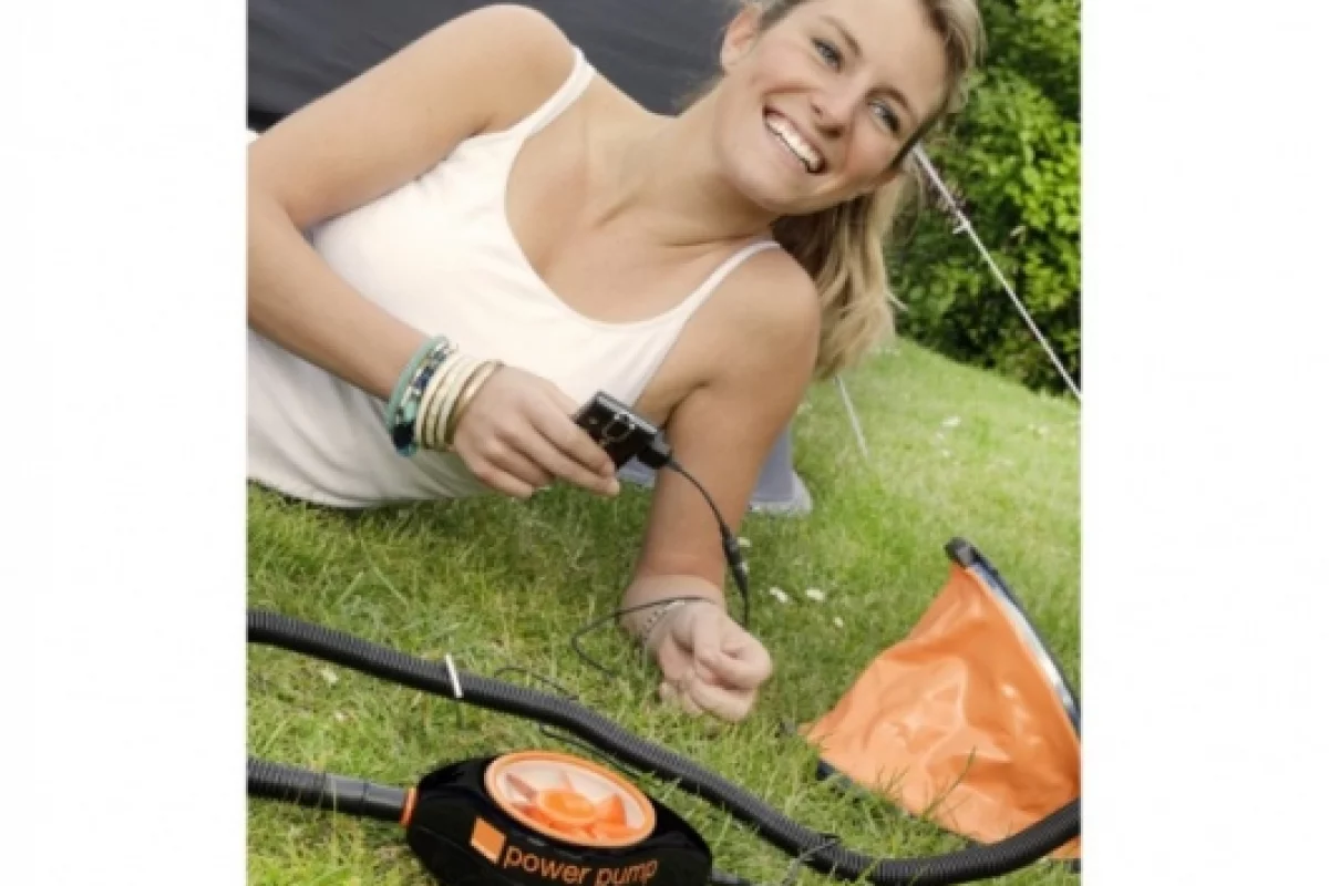 The Orange Power Pump - by treading on a standard camping air foot-pump, the kinetic energy created drives a small turbine inside the compact Power Pump