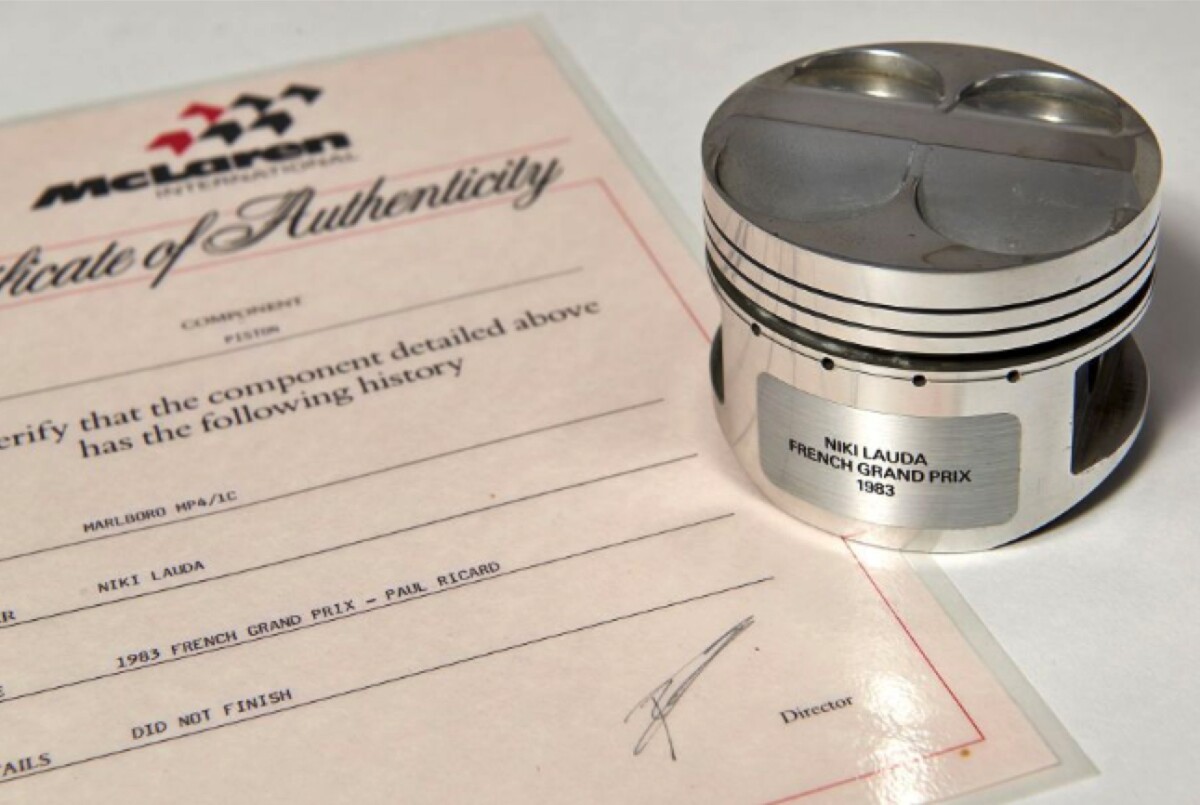 There's some wonderful stuff amongst the offerings, including this piston used in the 1983 French Grand Prix in the McLaren MP4 of Niki Lauda, complete with a McLaren authenticity certificate