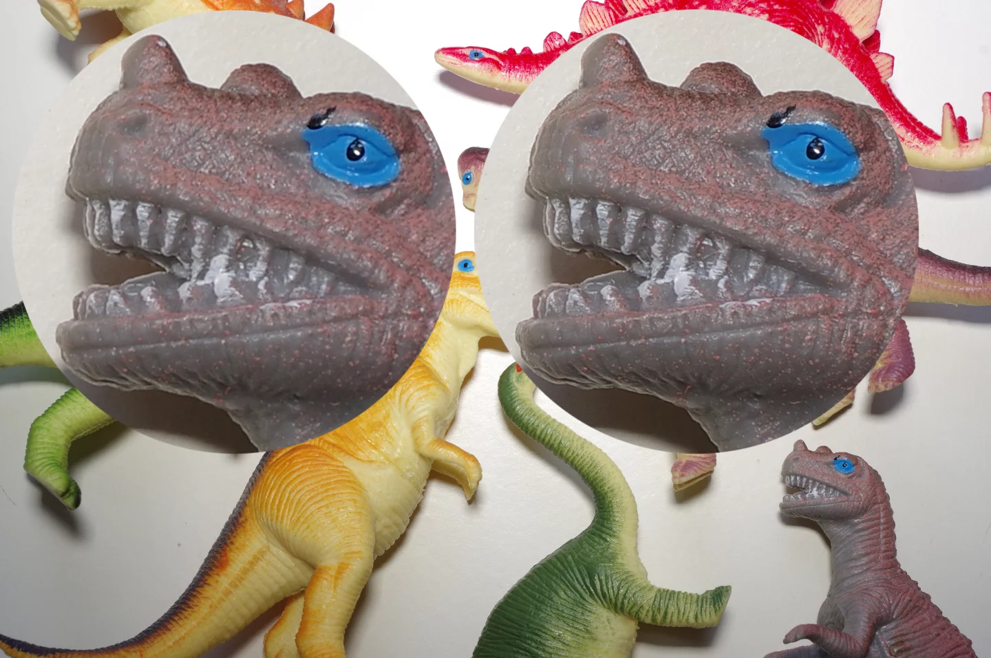 The Pixel Shift Resolution feature of the Pentax K-3 II produces image with improved definition and color reproduction – the dinosaur head on the left was taken without the feature, and the more detailed one on the right with it