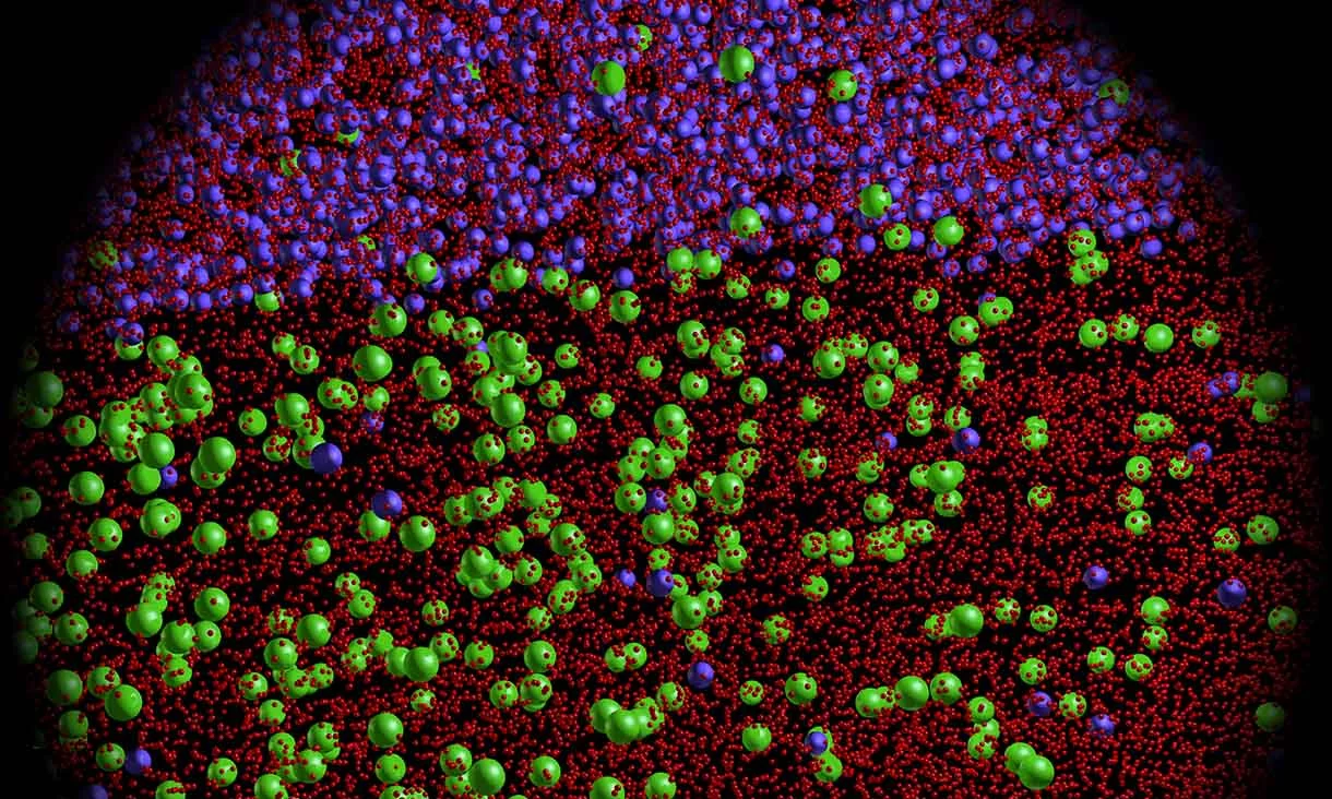 Atomic-scale microstructure across an alpha-beta interphase interface from a new 3D-printed alloy. Nearly all the oxygen is in with the alpha phase crystals, nearly all the iron is in with the beta phase crystals