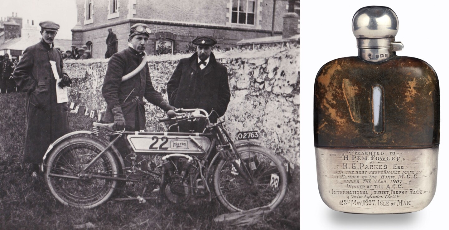 Regarded as the single most important piece of Isle of Man TT memorabilia, this silver hip flask was awarded to H 'Rem' Fowler for winning the inaugural 1907 International Tourist Trophy Twin-cylinder Class at the Isle of Man in 1907. Auction Description