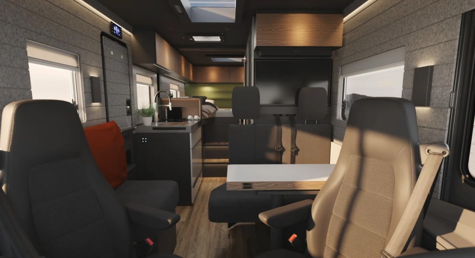 The swivel sofa rotates back into a proper two-seat bench for the drive