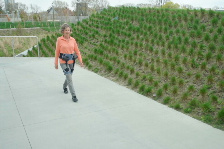 A prototype of the planned commercial version of the gait-freeze-eliminating exoskeleton