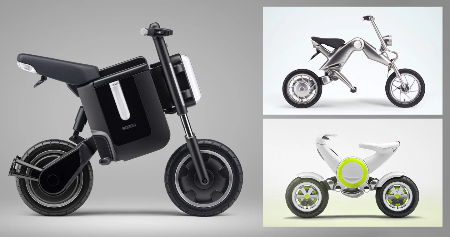 At left is the Yamaha Bobby Concept from 2007. Two other Yamaha folding electric motorcycle concepts from 20 years ago demonstrate Yamaha was clearly thinking about new and better ways to fold a motorcycle.
