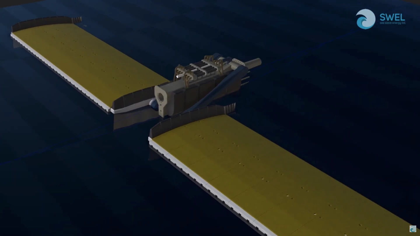 The device harvests energy as the floats move relative to the central spine on levers