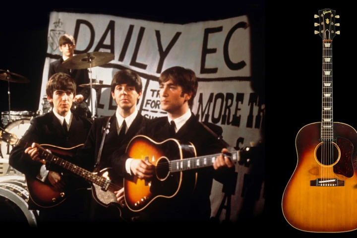 John Lennon and the Gibson J-160E guitar that sold for $2.41 million on November 7, 2015 at Julien's Auctions, becoming the second most valuable guitar ever sold. It's the guitar Lennon used alongside Paul McCartney in writing and recording “She Loves You,” “I Want to Hold Your Hand,” “Please, Please, Me” and “All My Loving."