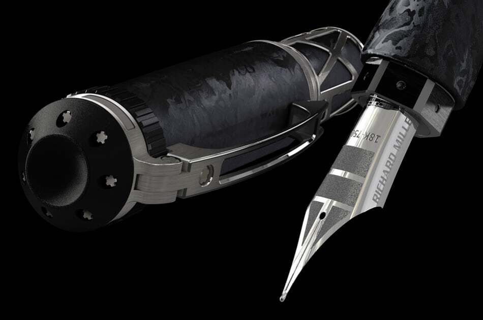 The Richard Mille RMS05 fountain pen uses a precision watch mechanism to extend the white-gold nib